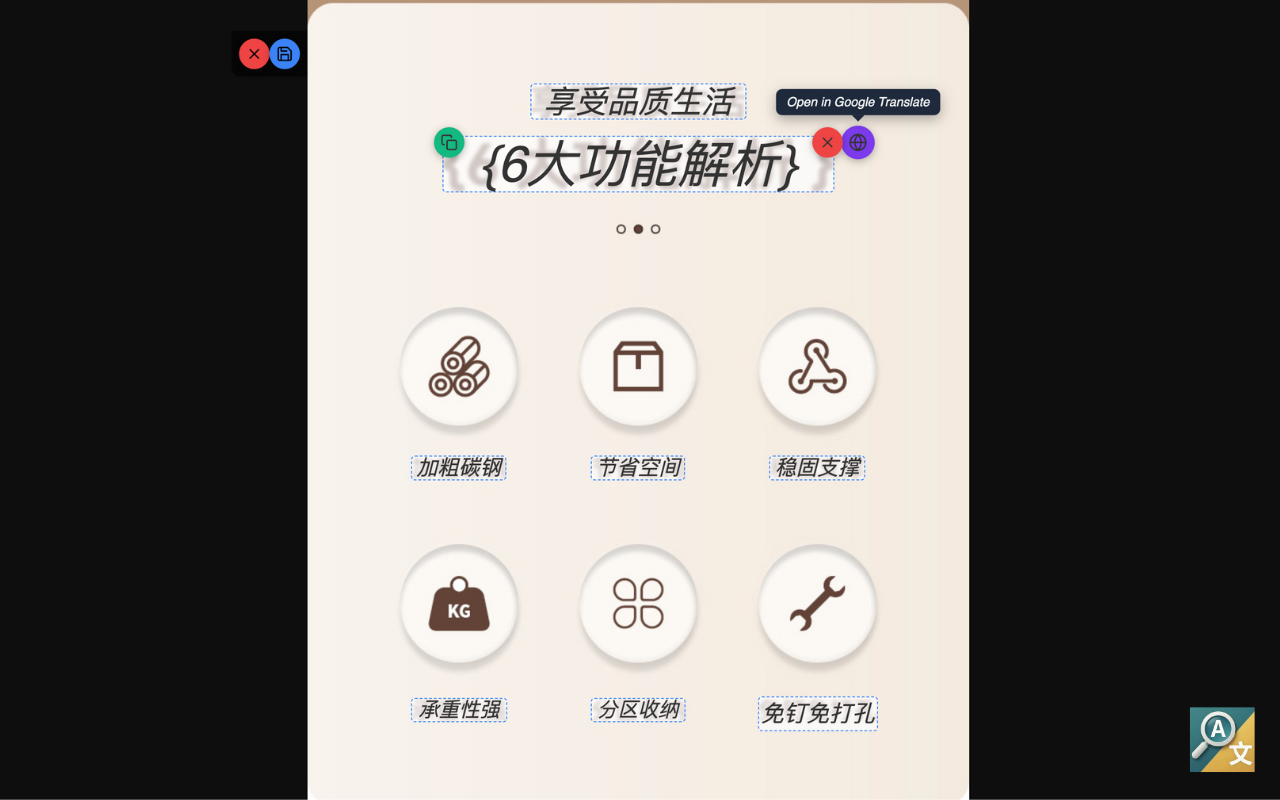 OCR overlays with Copy and Google Translate buttons visible on hover